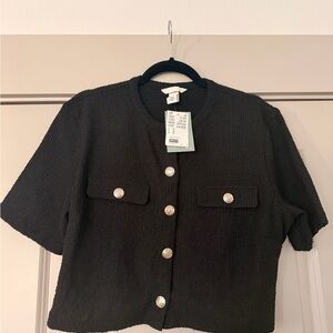 Black Tweed Short Sleeve Button Front Jacket